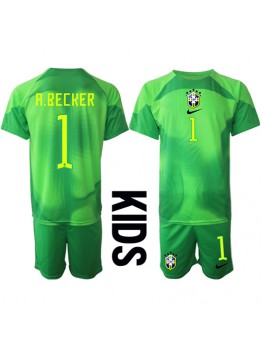 Otroški Nogometna dresi replika Brazilija Alisson Becker #1 Vratar Gostujoči SP 2022 Kratek rokav (+ hlače)